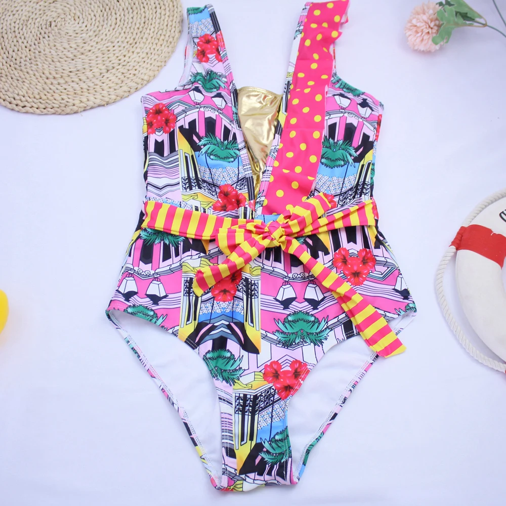 

2020 Sexy One Piece Swimsuit Female Women Vintage Retro Patchwork Bathing Suit Shoulder Ruffle Swimwear Backless Monokini