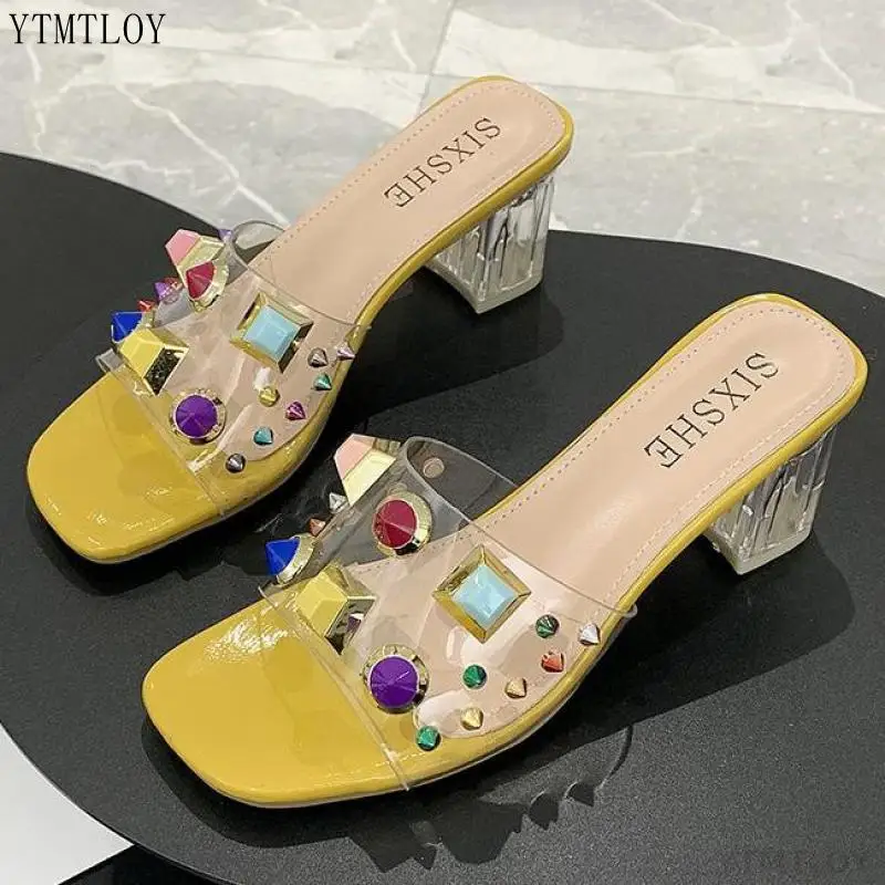 

Сандалии женские с кристаллами, высокий каблук, сланцы, тапки, ПВХ, летняя обувь