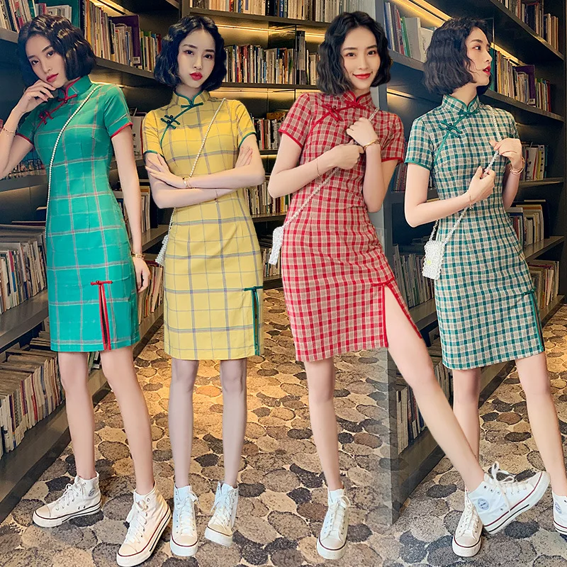 Chinese Style Dress Satin Vintage Plaid Women Cheongsam Dress Stretch Cotton and Linen Plus Size Sexy Traditional Retro Qipao retro cut out plaid fit and flare dress