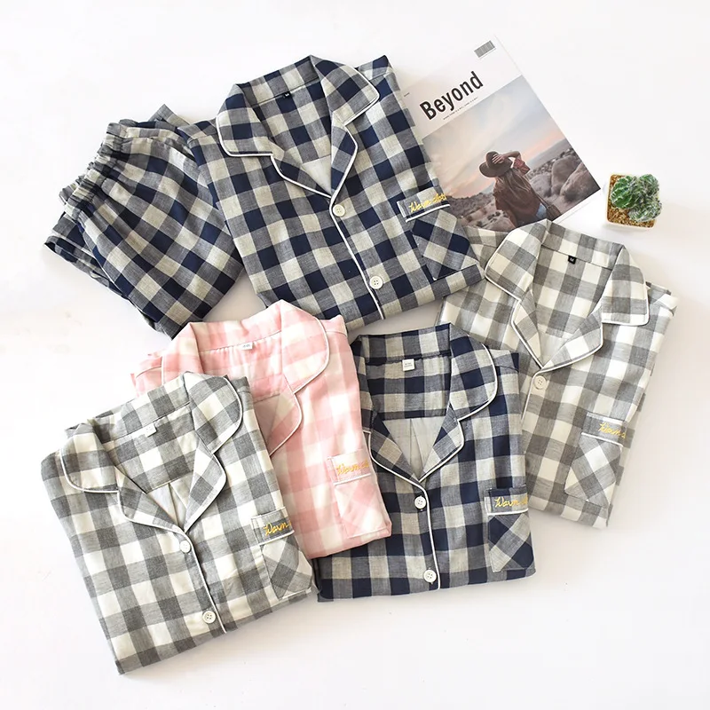 

Spring and Autumn Cotton Long-sleeved Trousers Couple Lattice Pajamas Suit Men's Thin Section Home Service Suit Women Pajama Set