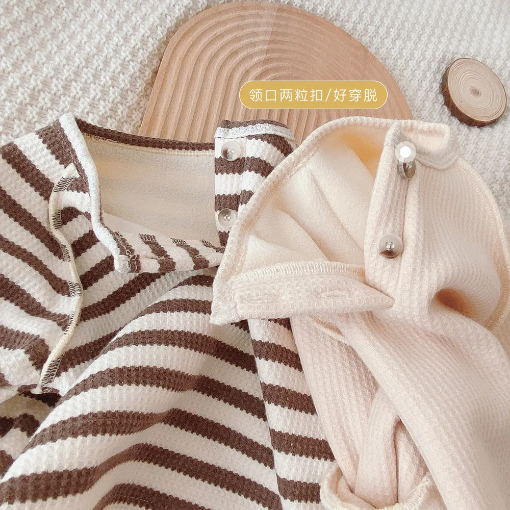 

Baby Girls Fashion top winter wear Korean stripe casual loose Long Sleeve T-Shirt Baby shirt 0-3T High quality Plus cashmere