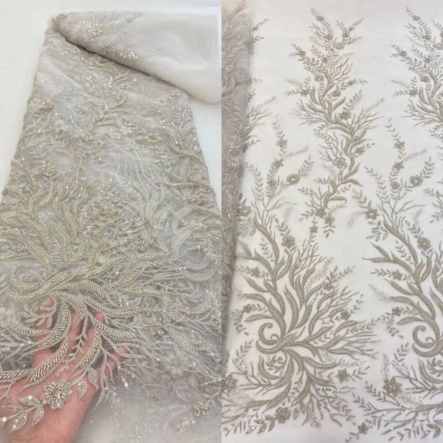 

African tulle Lace Fabric With Sequins and beads SYJ-588883 Latest Fabric High Quality Mesh Tulle Lace for Dress