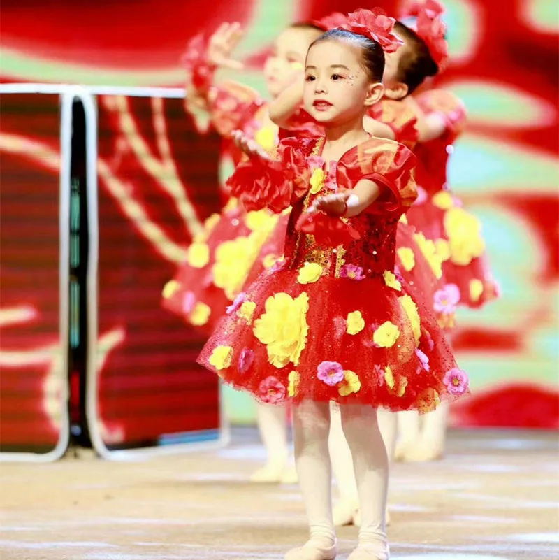

Red dance costume for girls kids Flowers dance outfit for girls kids dance dress for girls kids dancewear