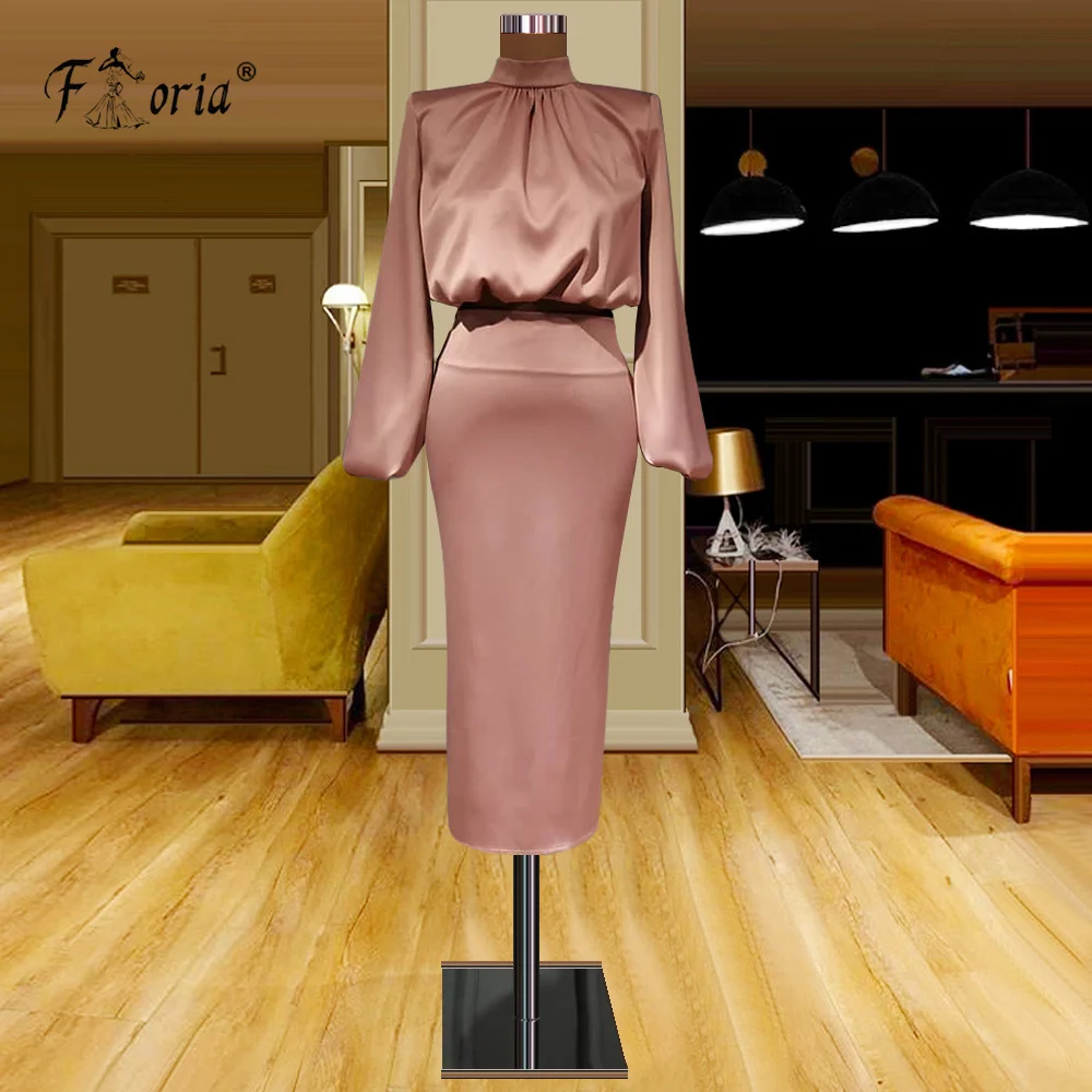 

Simple Sheath Prom Dresses High Neck Long Sleeves Satin Tea Length Evening Party Gowns Cocktail Dress Robe De Fiesta