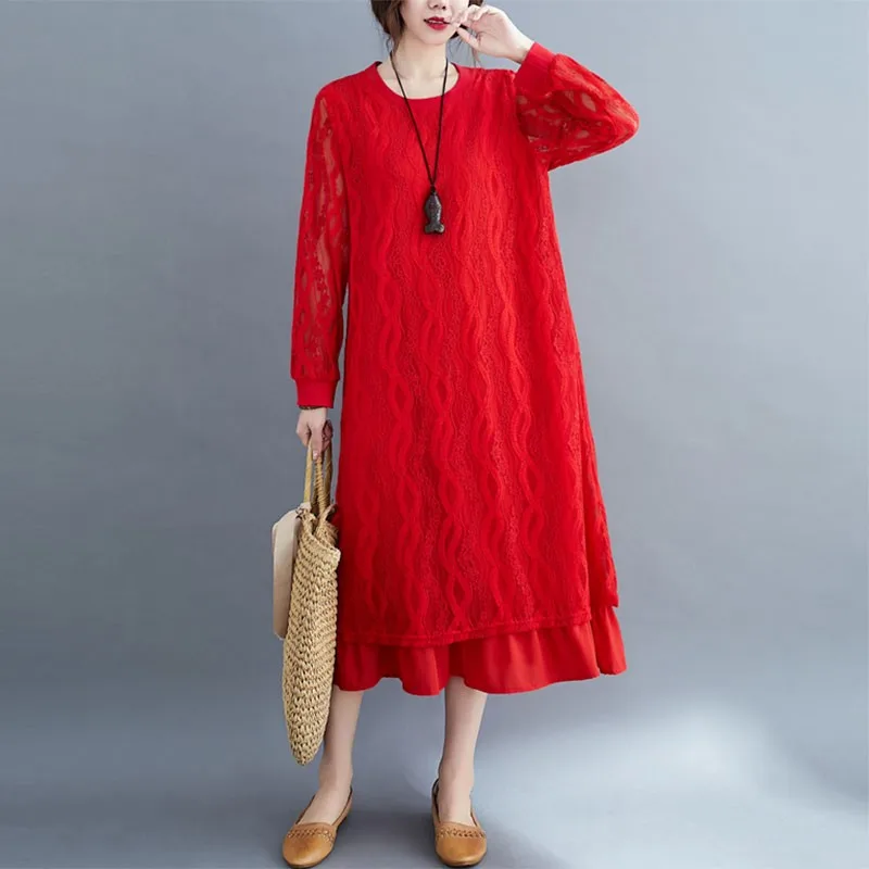 Plus Size Women Lace Long Dress New 2020 Autumn Vintage Solid Color Loose Comfortable Ladies Elegant A-line Casual Dresses S1911 | Женская