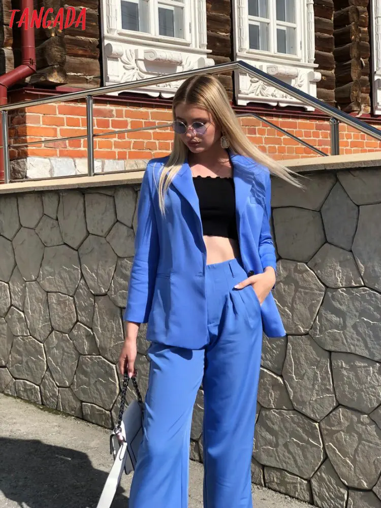 Tangada брючный костюм брюки с высокой талией голубые брюки брюки с завышенной талией синие брюки классические брюки брюки для офиса классический стиль SL235