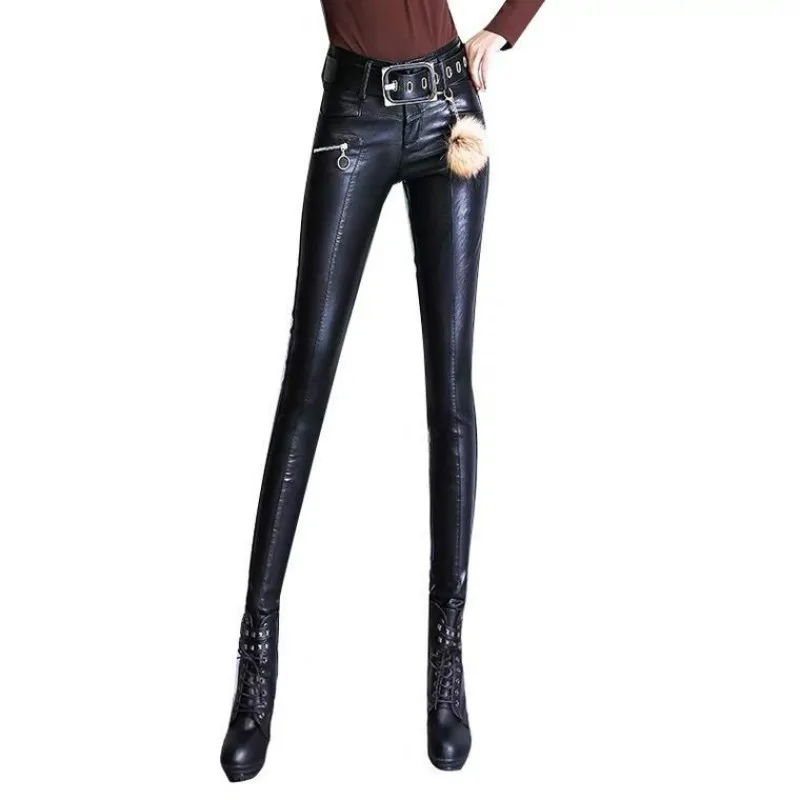 

Black Faux PU Leather Pencil Pants Lace Up High Waist Slim Skinny Streetwear Autumn Casual Trousers Women 2021 Hot Sale Y59