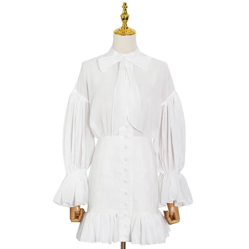 

Solid design summer dress 2021 new single breasted high waist lace up flared sleeve short buttock skirt