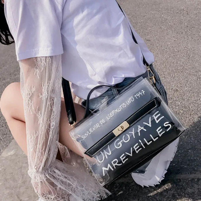 Women Composite Bags PVC Transparent Handbag Letters Printed PU Leather Purse Shoulder Bag-OPK