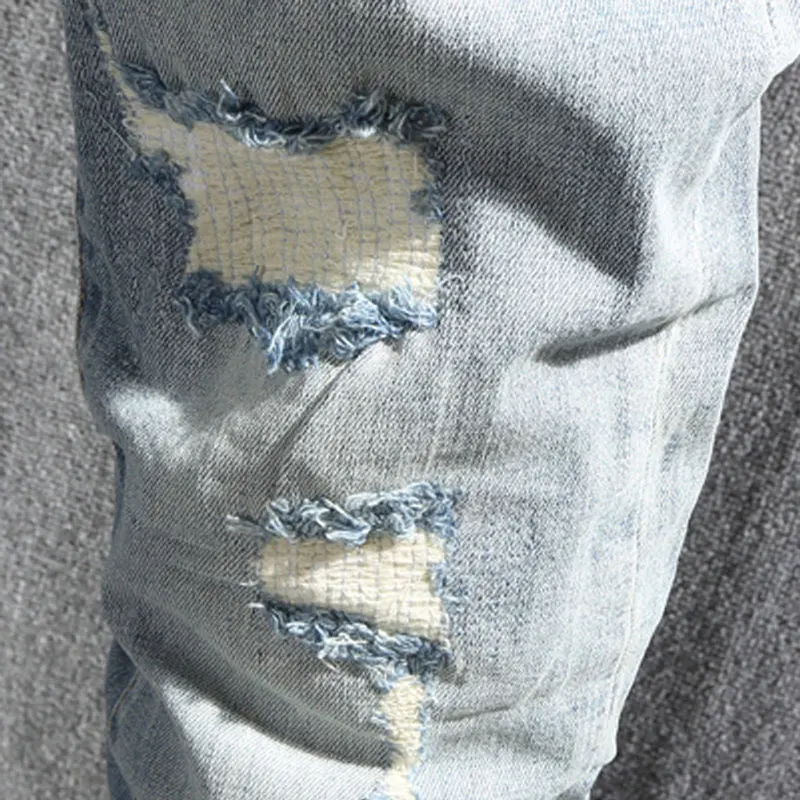 Korean Style Men Jeans Retro Light Blue Elastic Slim Fit Ripped Jeans Men Street Fashion Patchwork Designer Denim Pencil Pants