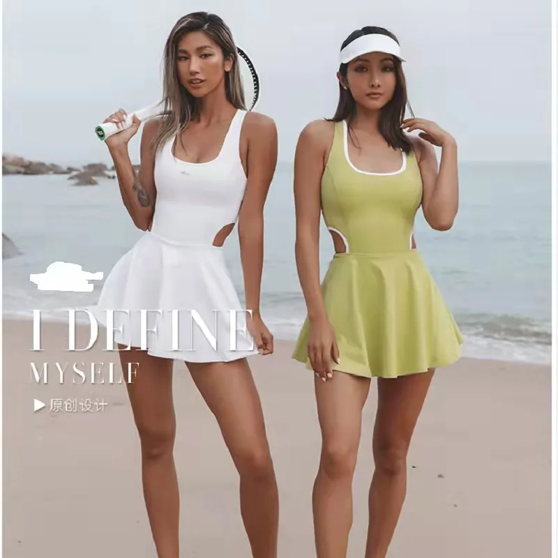 

Sport Suit Women's Home Clothes Sexy Fashion Nylon Nude One-piece Yoga Clothes Fake Two-piece Short Skirt Hot Pants Swimsuit