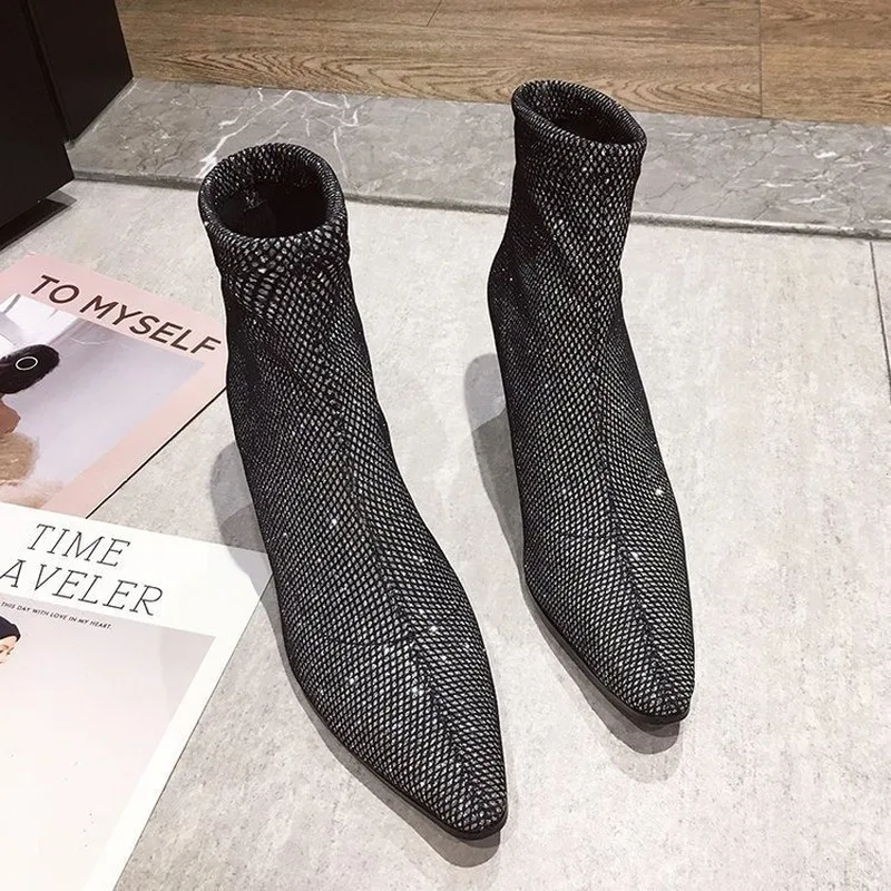 Slim Stretch Ankle Boots for Women Pointed Toe Sock Square High Heel Shoes Woman Fashion Crystal Shine Female | Обувь
