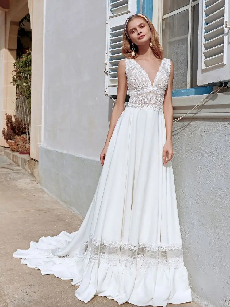 

V-Neck Vintage Wedding Dress 2022 Satin Sleeveless Lace Appliques Brides Gowns Backless Vestidos De Novia Custom Made