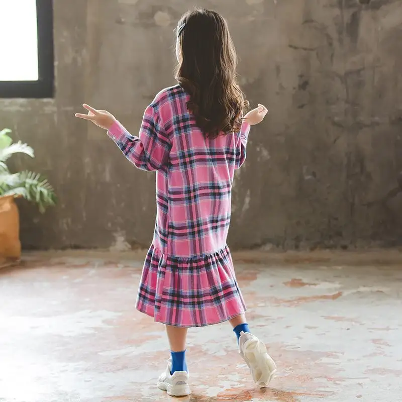 Осень 2019 платье для девочек хлопковая клетчатая рубашка на пуговицах длинное