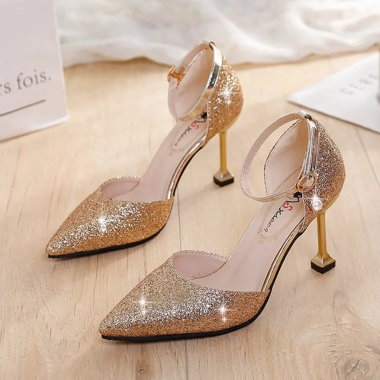 

Sandals Stiletto Heels Comfort Shoes for Women Buckle Strap Suit Female Beige Bling Bling 2021 Summer Black Pointed Bright New H