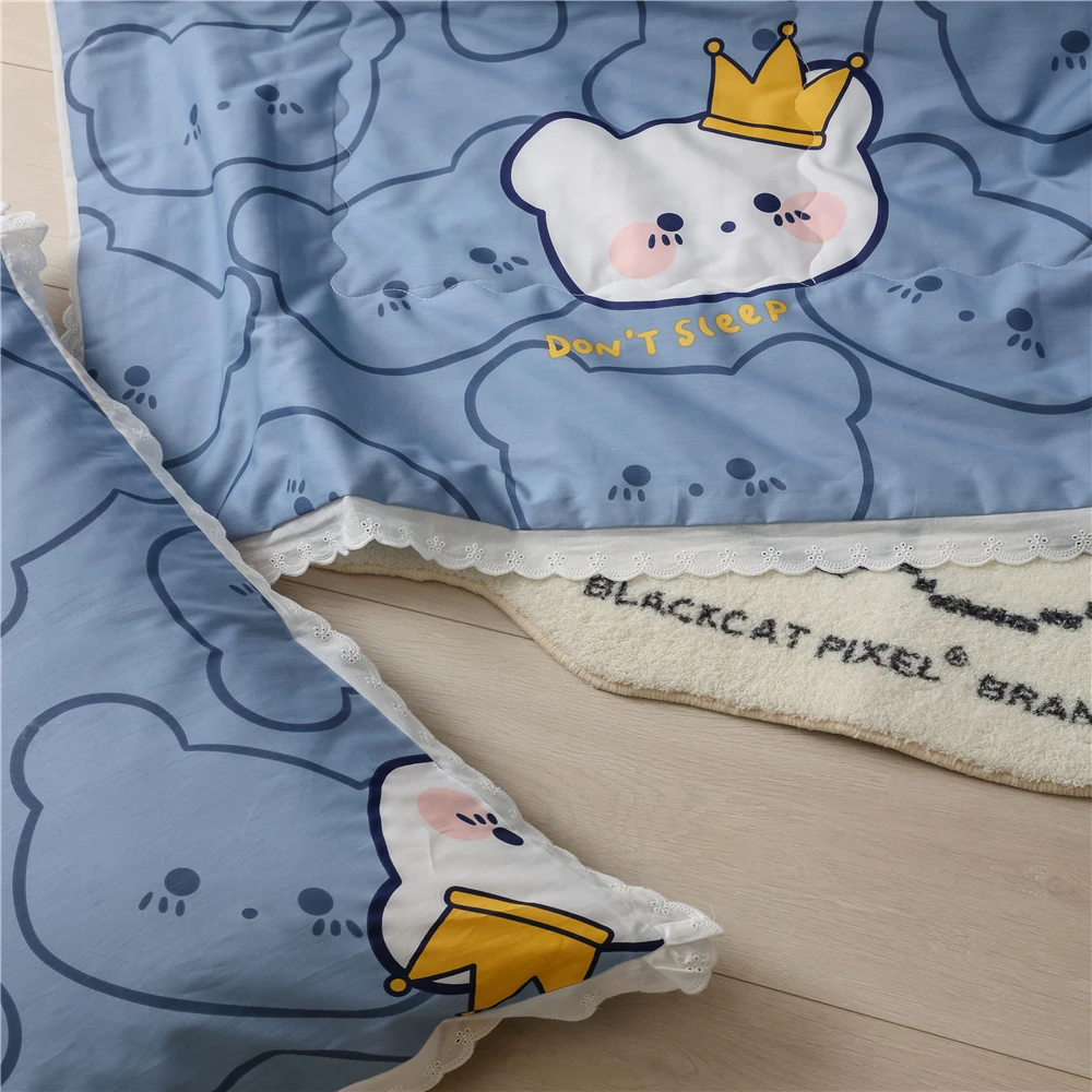 

Cartoon Bears Printed Students Summer Cool Quilt Bedspread Lace Decor Air Conditioned Duvet Adults Cotton Home Summer Quilt only