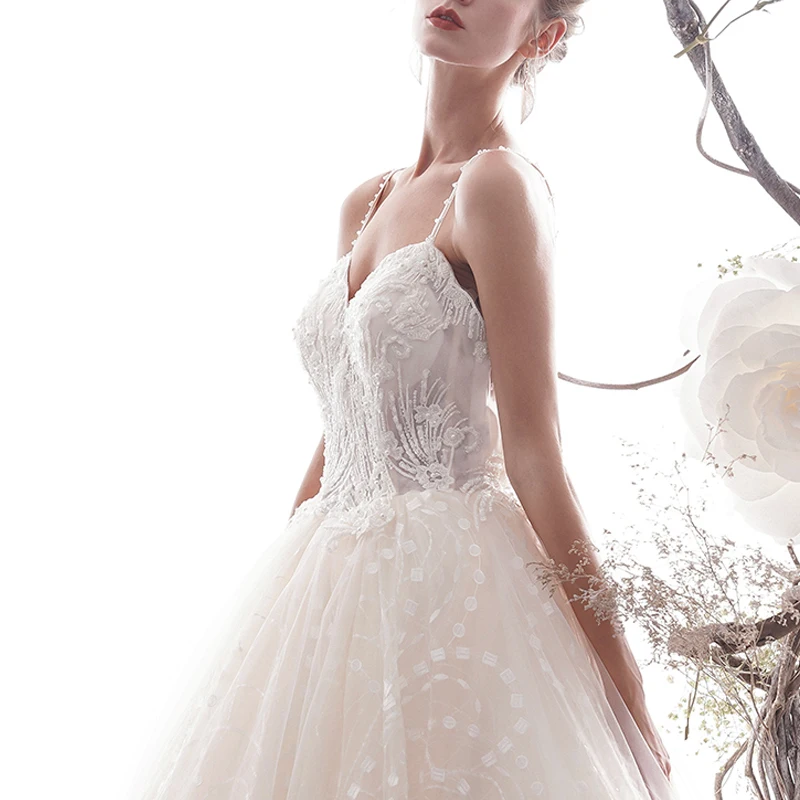 

LDR05 White Simple Suspender Wedding Dress Bridal Applique Printed Pattern Lace Elegant Backless Banquet Skirt -