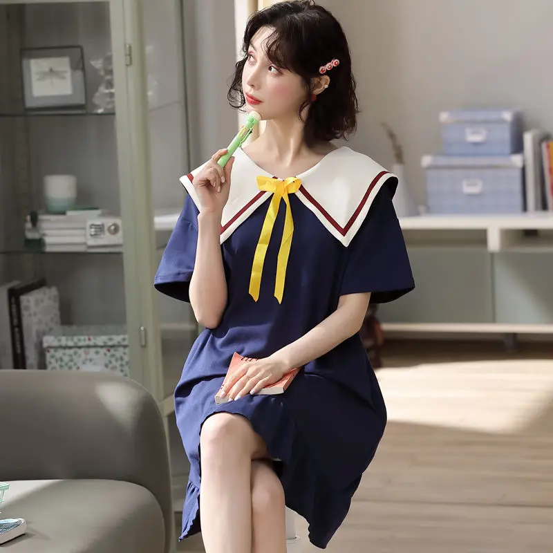 Ladies Nightdress Summer New Cotton Doll Collar Girl Cute Japanese Ins Student Uniform Pajamas Female Spring Nightgown