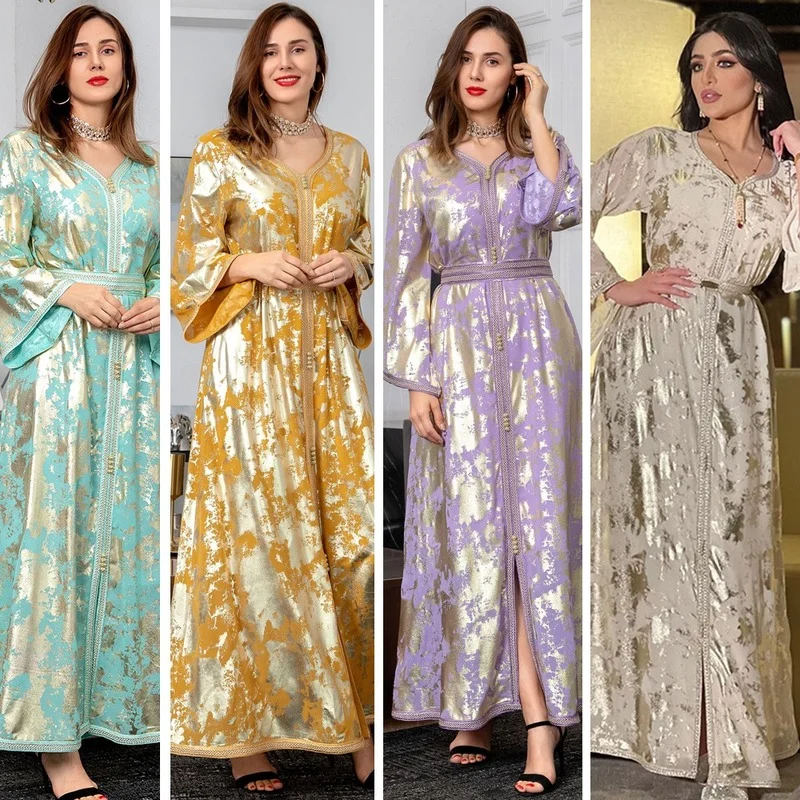 

Gold Stamping Chiffon Maxi Dress for Women Middle East Arabic Europe and America Ethnic Evening Party Wears Eid 2022