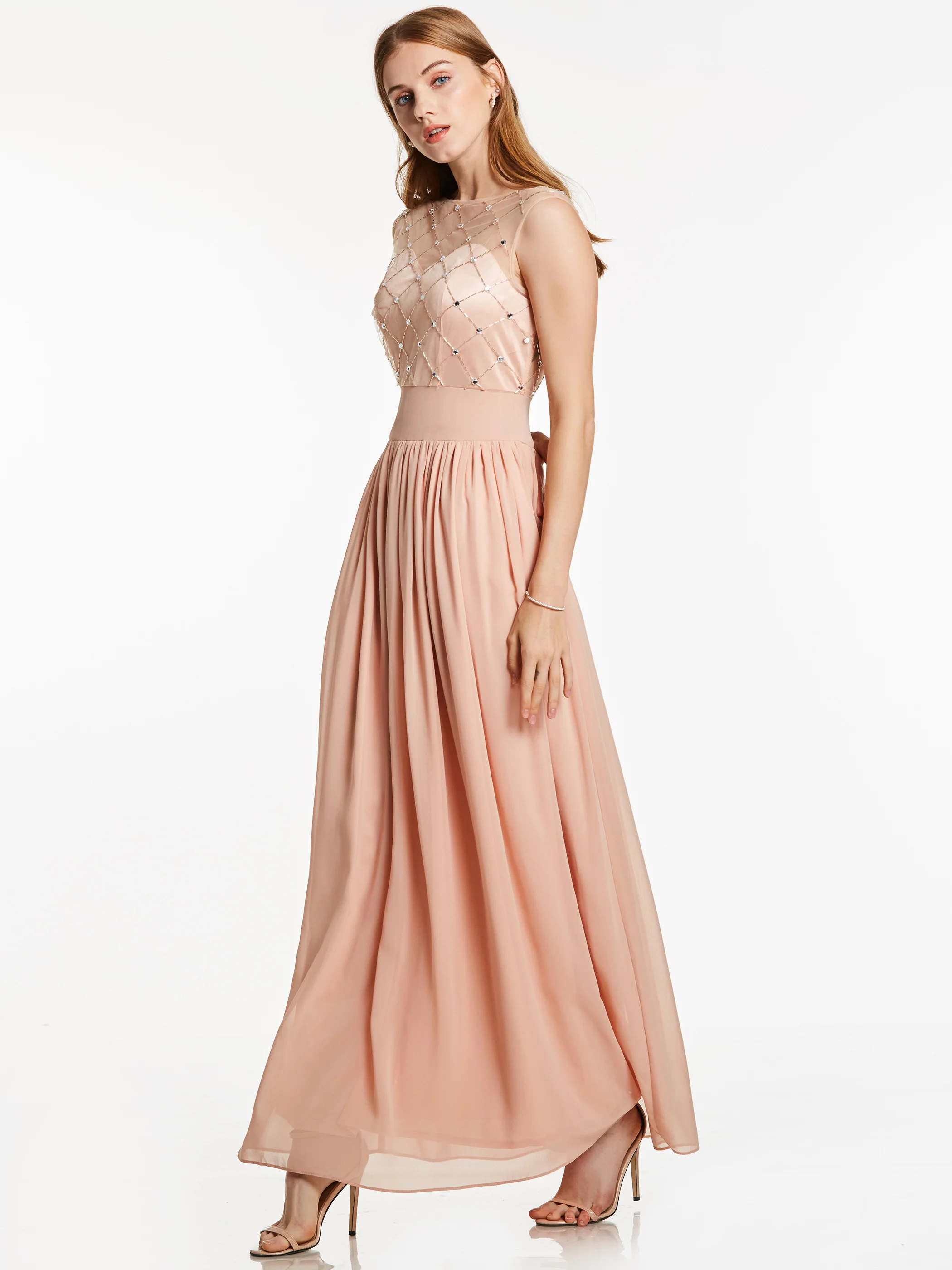 Женское вечернее платье Tanpell длинное до пола с жемчугом и розовым вырезом
