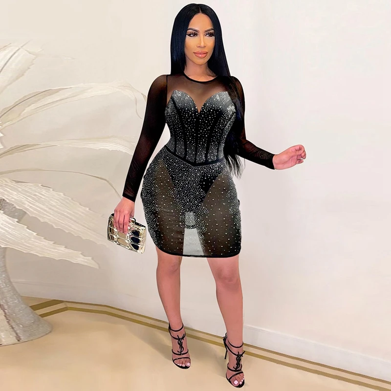 

Rhinestone Sheer Bodycon Dress Plus Size Women Clothing Sexy Birthday Party Wear Fall Outfits Night Club Mini Dresses