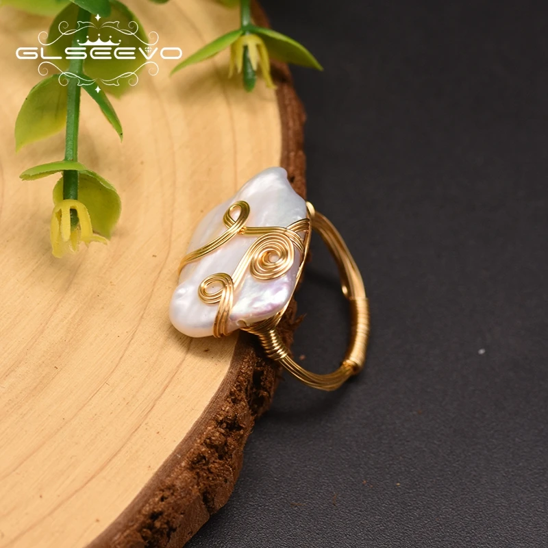 Кольцо GLSEEVO женское с натуральным белым квадратным барочным жемчугом ручной