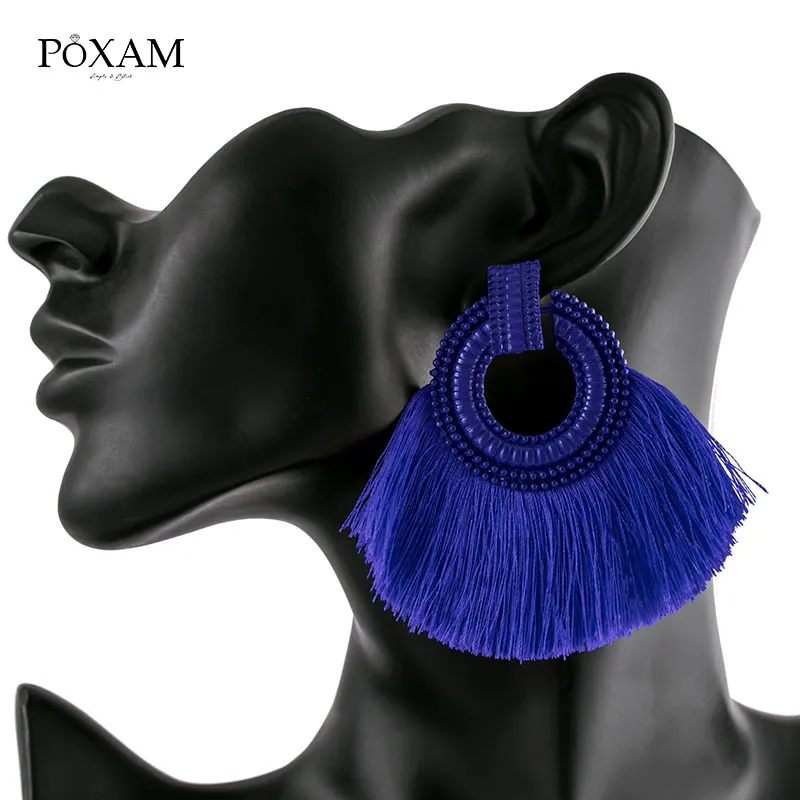 Type 22 POXAM, модные серьги с большими кисточками для женщин, красные, синие, желтые шелковые ткани, длинные висячие серьги с бахромой, Boho, свадебные массивные украшения - Окраска металла: Type 22