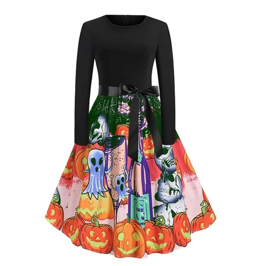 Женское платье на Хэллоуин с длинным рукавом и принтом тыквы вечерние осенние