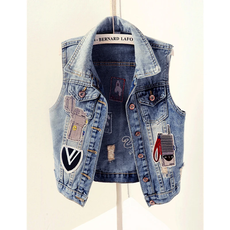 

women sleeveless denim vests jacket patch designs ripped holes turn down collar casual jean waistcoat rock punk street JC203