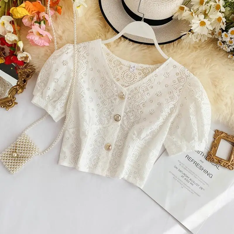 Women Sexy Hollow Out Crop Tops New 2020 Summer Sweet Puff Sleeve V Neck Short Blouse Ladies Lace Gold Button White Shirts | Женская