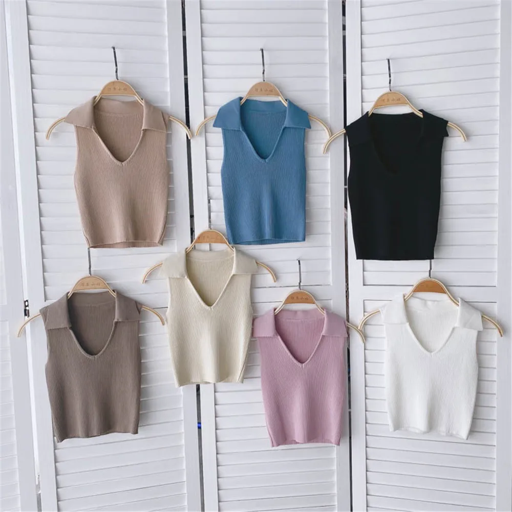 

Women Knitted Y2K Crop Top Vest Summer Fashion Sexy Sleeveless Tank Tops Casual Woman V Neck Camis Female Clothes 2021 Atopos