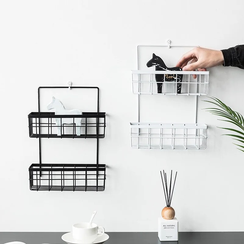 

Iron Storage Shelf Kitchen Storage Rack Bathroom Organizer Double Layer Wall-mounted Storage Shelf Cosmetic Basket Home Decor