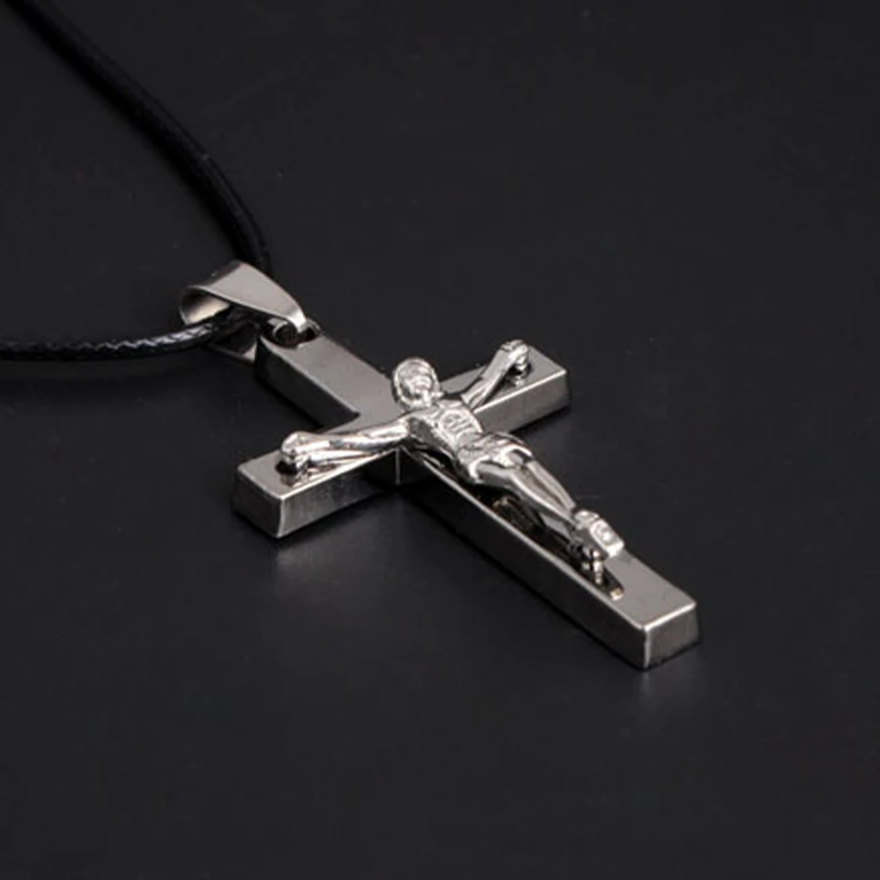 

Christian Titanium Steel Crucifix Jesus Piece Cross Pendant Necklace Black Leather Chain Necklace Women Men Jewelry Accessories