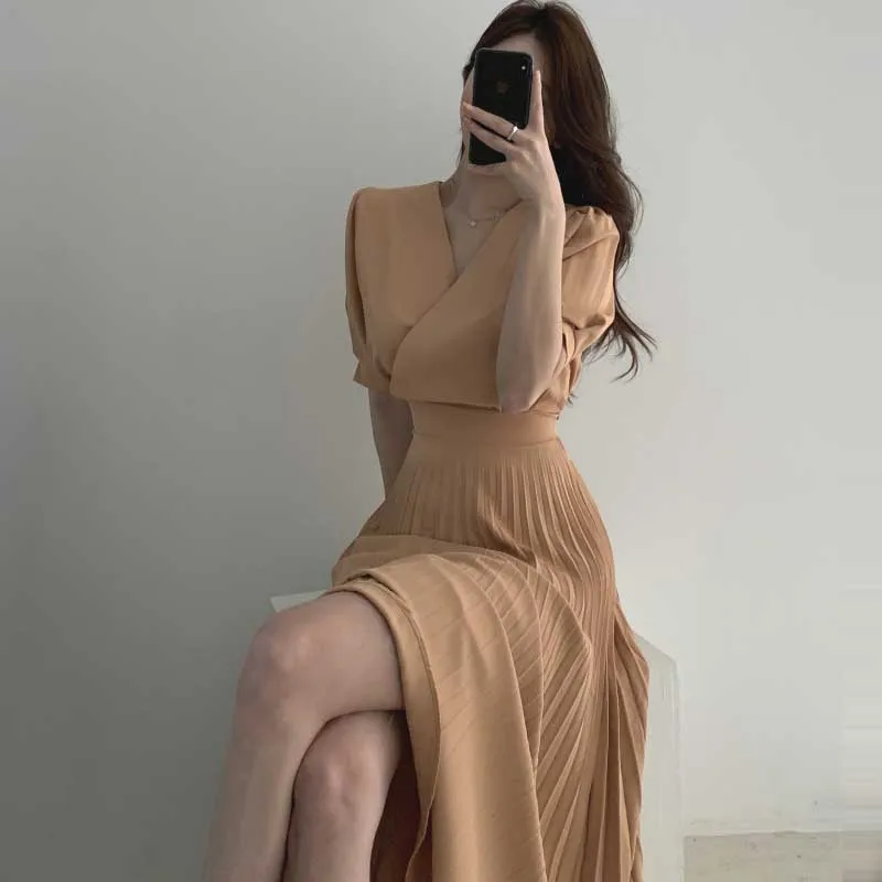 

Korean dress Chiffon Summer Dress Vintage French Elegant Office Dresses One - Piece New Ladies V-Neck Shirt Dress Midi Dress
