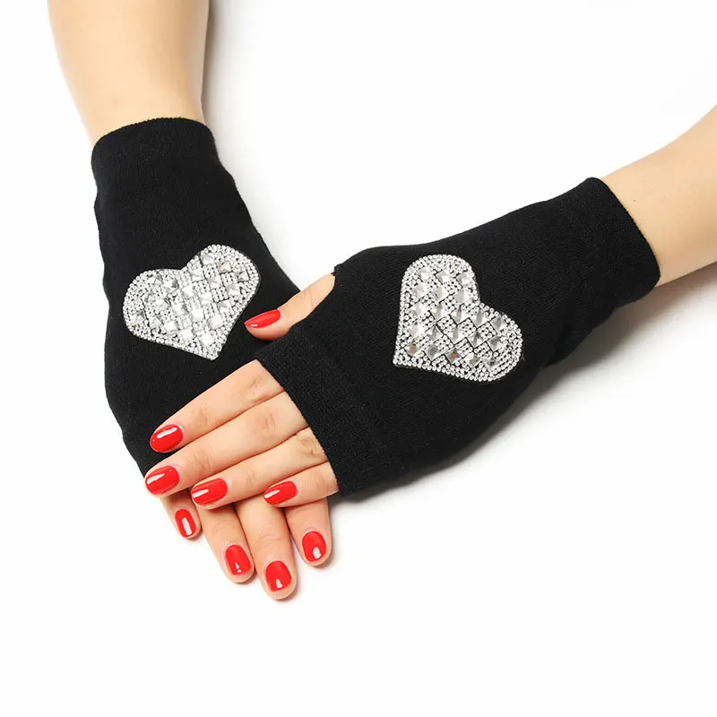 

Lovely Rose Printed Lady Rhinestone Fingerless Gloves Women Men Knitted Black Wool Half Finger Computer Mittens Warm Gloves