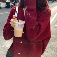 knitted seven part sweater v neck loose sweater womens garland embroidery cherry color sueter coat sweet red top mujer cute