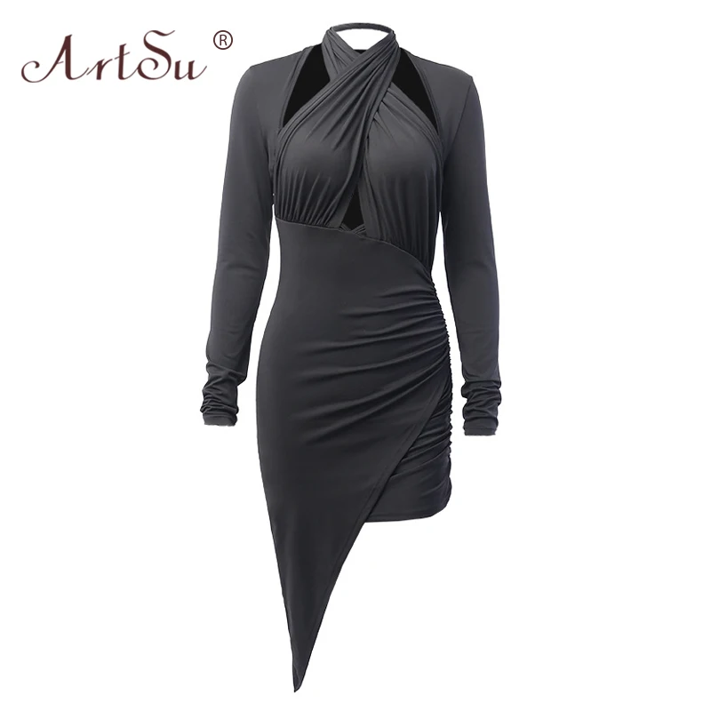 Арцу асимметричное Клубное платье мини осеннее с длинным рукавом облегающее