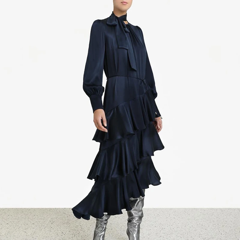 Женское атласное Макси-Платье асимметричное платье с рукавами-фонариками бантом