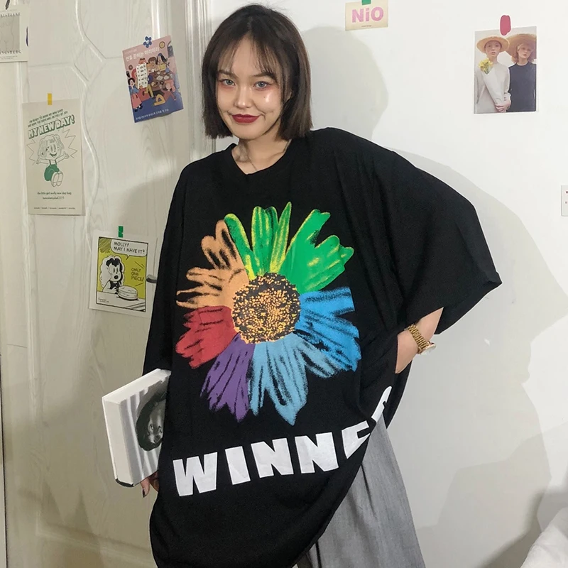 

DAYIFUN Flower Letter Printed Casual Loose Oversize Korean Style 2020 Summer Short Sleeve Women Top Female T-shirts