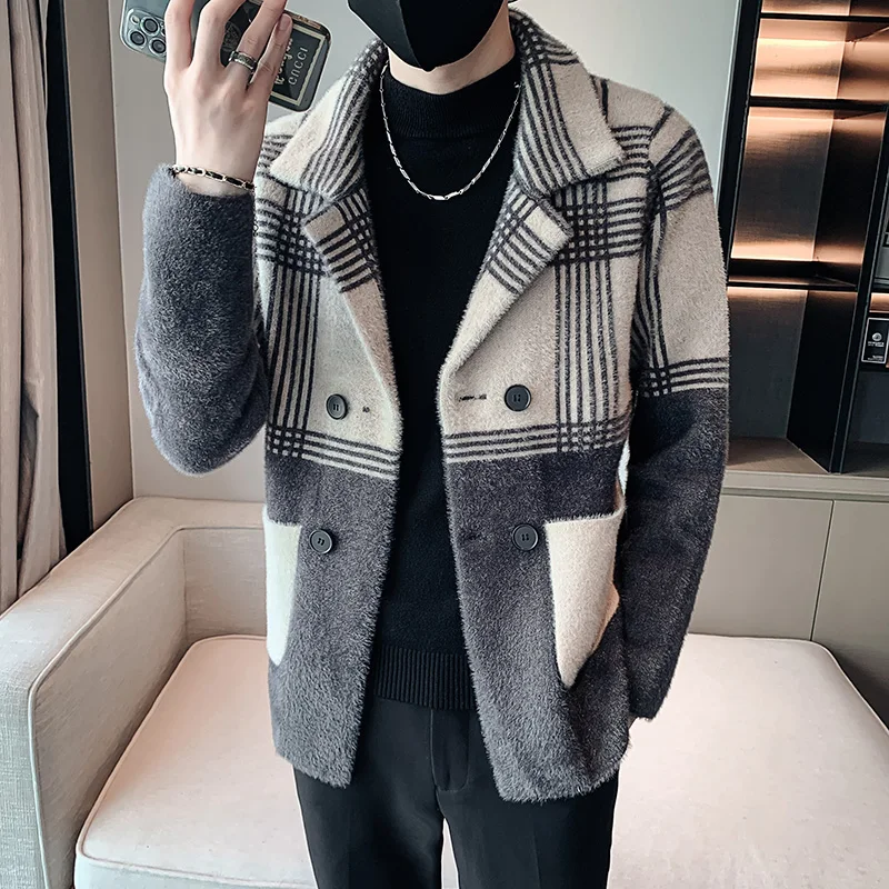 

Зимняя ветровка из искусственной норки и бархата 2021, Мужская Клетчатая Шерстяная Куртка средней длины, Двубортный повседневный деловой Тре...