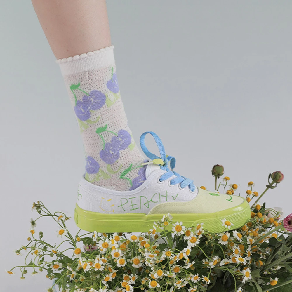 

1Pair Harajuku Style Medium Tube Woman Socks Cute Cartoon Cherry Bear Mesh Sweet Summer Sheer Breathable Socks