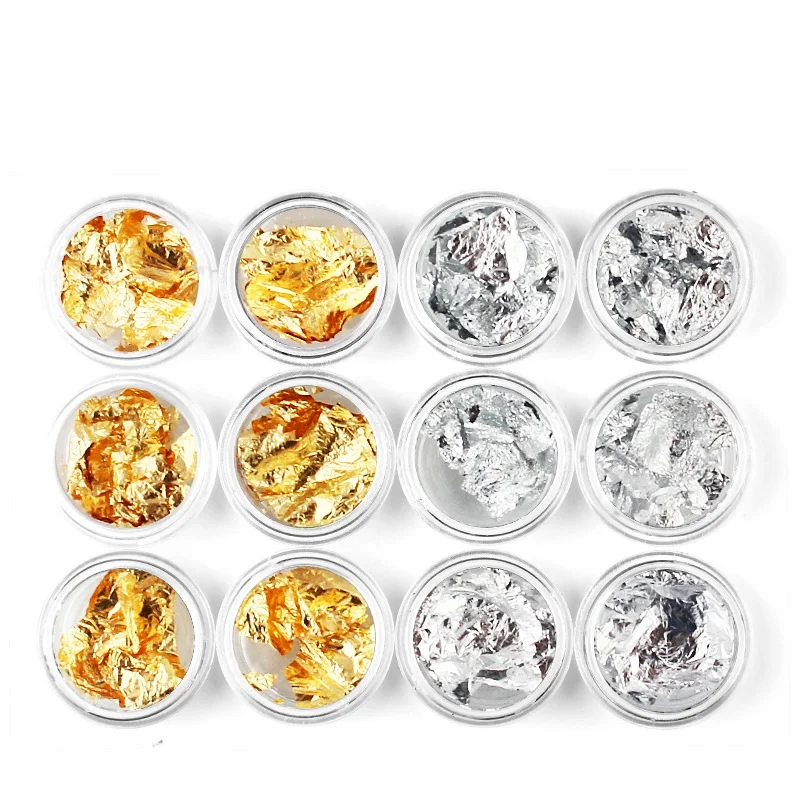 

12Jar/Lot Gold Silver Glitter DIY Nail Foil Sticker Gel Adhesive Glue Image Transfer Paillette Flake Full Cover Decal Decor