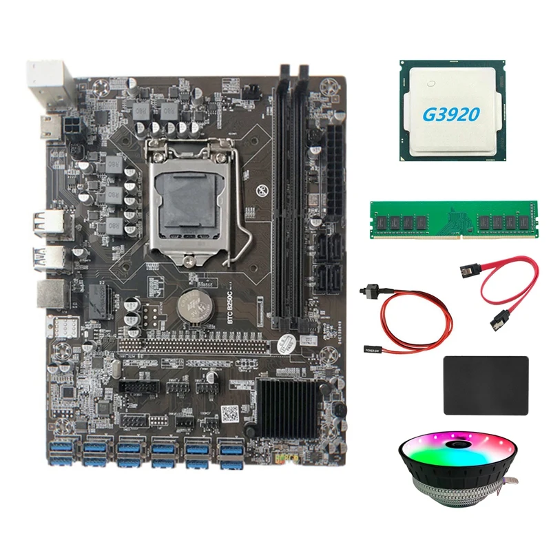 Материнская плата B250C для майнинга + процессор G3920 вентилятор RGB DDR4 4 ГБ ОЗУ SSD 128