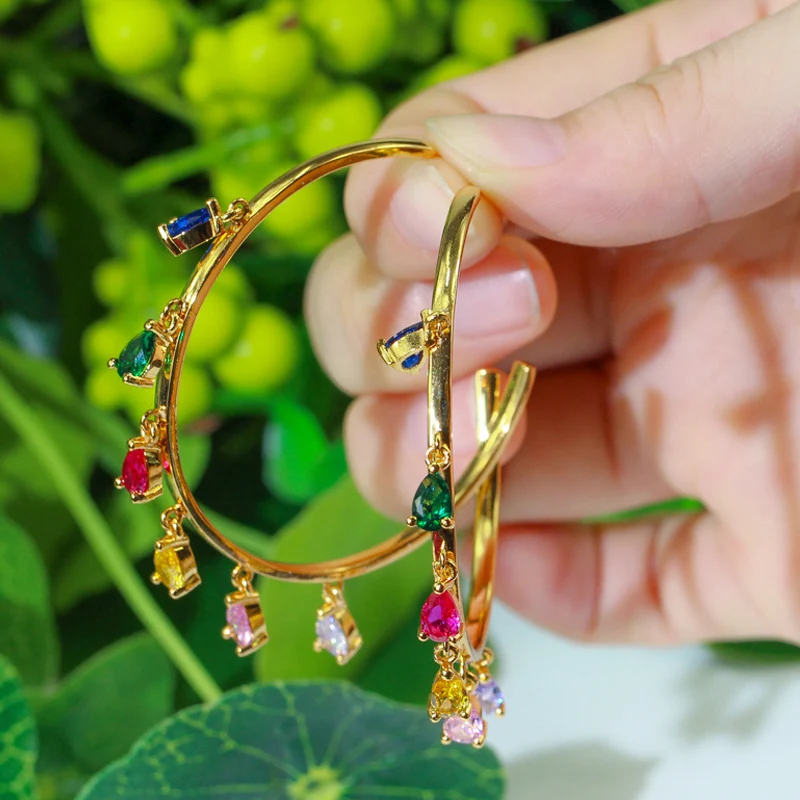 

BeaQueen Rainbow Colorful Water Drop Cubic Zircon Crystal Dangling Large Round Circle Hoop Earrings Black Gold Ear Jewelry E414