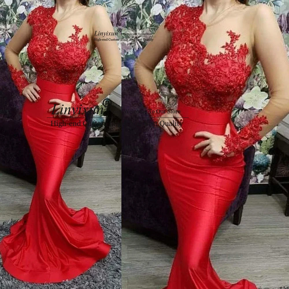 

Sexy Illusion Long Sleeves Red Prom Dresses 2021 Women Formal Party Appliques Lace Beading Mermaid Evening Gown robe de soiree