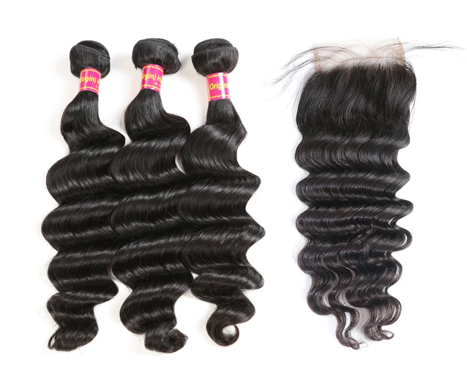 Ali queen hair Products 3 шт. бразильские Свободные глубокие человеческие волосы пучки с швейцарским кружевом парик с пробором посередине/ часть девственные волосы