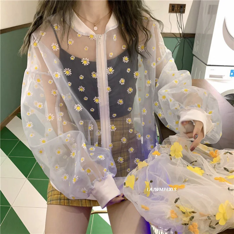 

Mesh See Through Loose Jacket Daisy Floral Print Thin Sunscreen Coat Summer Women Long Sleeve Casual Zipper Bomber Jacket