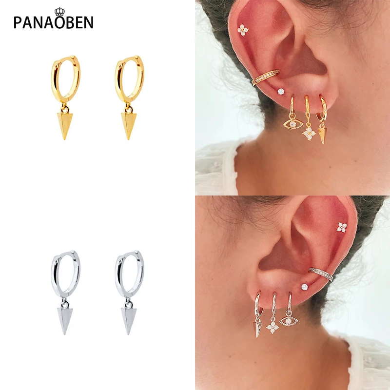 

PANAOBEN 925 Earrings Cartilage Pendientes Eyes Lock Rivets Zircon Crystals Hoop Earring for Women Birthday Gift Sterling Silver