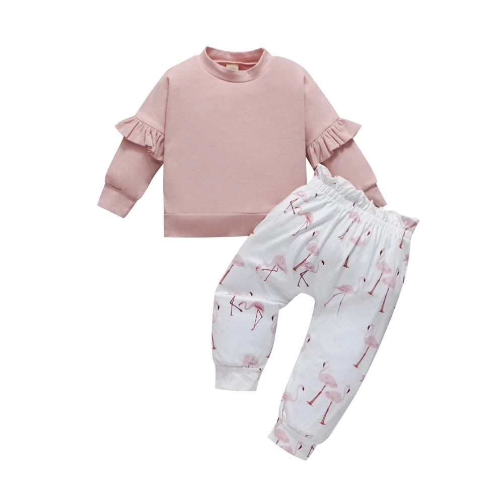 

Autumn Girls Round Neck Solid Color Long Sleeve Flamingo Print Pants Set Pink Baby Clothes 6-24 Months For Kids Cute