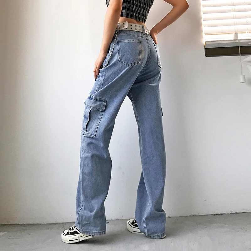 

Fashion Women's Jeans High Street Y2K High Waisted Flap Pocket Wide Leg Cargo Pants Jeans Fashion Loose Straight Denim Trousers